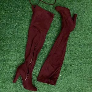 Burgundy thigh high suede heeled boots